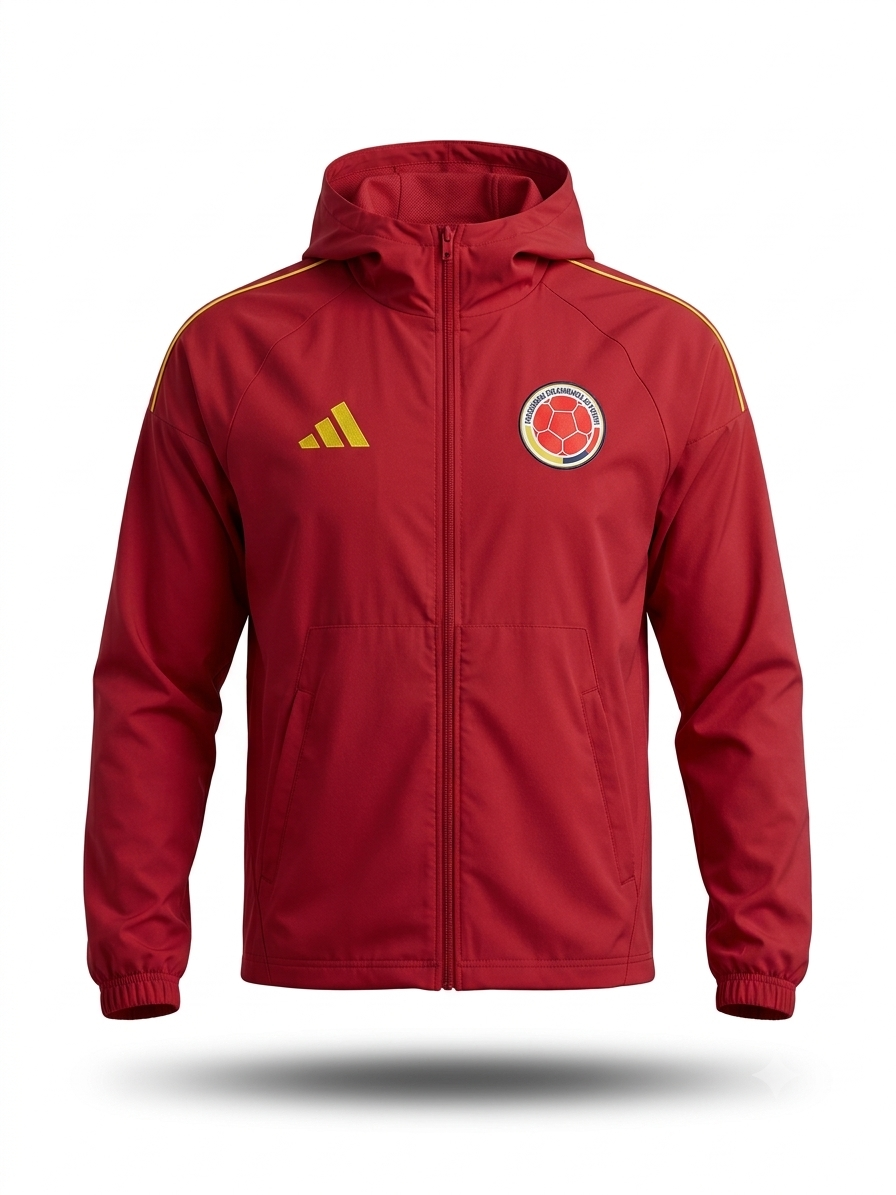 Chaqueta Rompevientos Seleccion Colombia de frente en plano detalle de estilo urbano futbolero premium