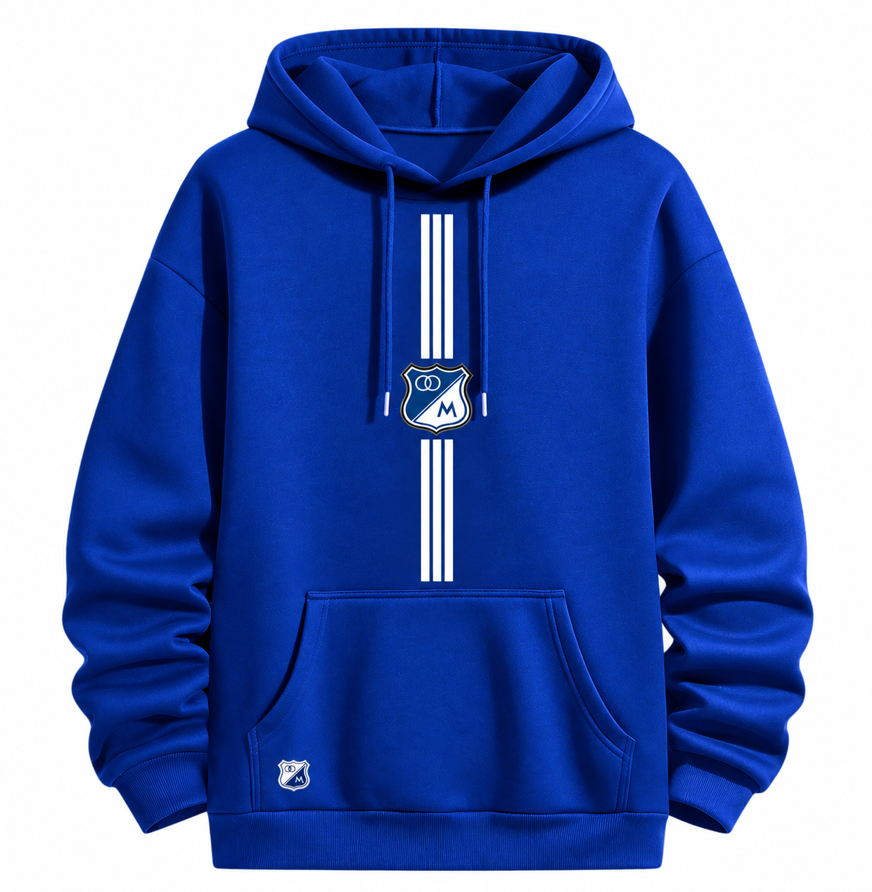 hoodie azul Millonarios con escudo y logos termosellados