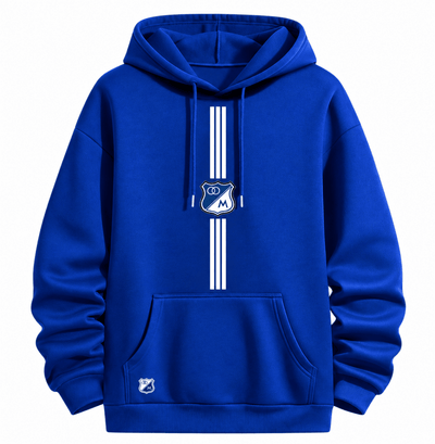 hoodie azul Millonarios con escudo y logos termosellados