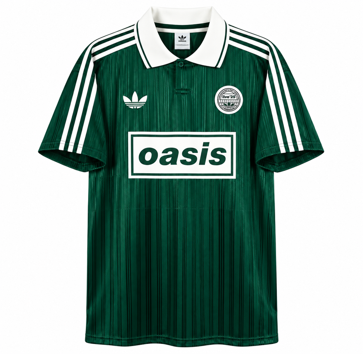 Green Oasis x Adidas Tour 3 Stripes jersey, with white collar and stripes and the Oasis logo box in white on the chest