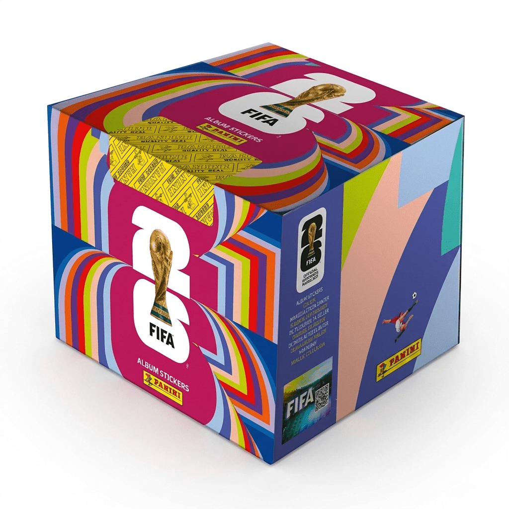 Caja Album Panini Mundial 2026 sellada de fábrica sobre fondo urbano de Velocity Savage