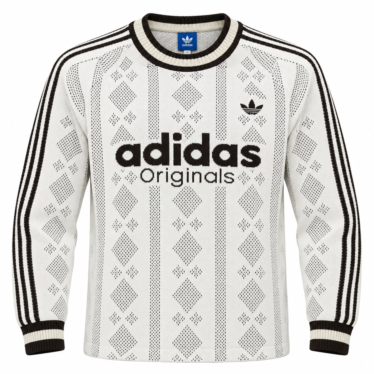 Buzo tejido blanco de Adidas Originals con rombos y letras negras al frente