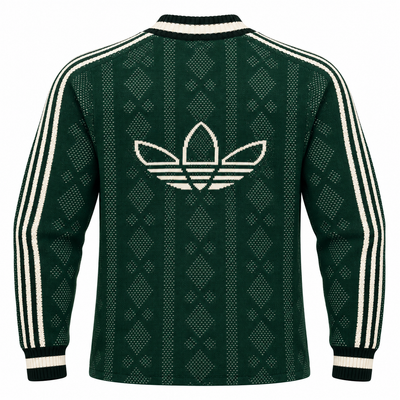 Espalda del buzo tejido verde oscuro de Adidas Originals con el trébol grande en crema