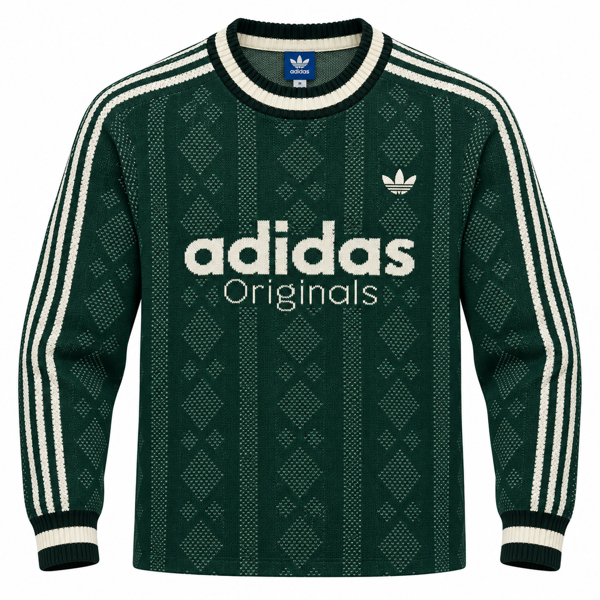 Buzo tejido verde oscuro de Adidas Originals con rombos y letras crema al frente