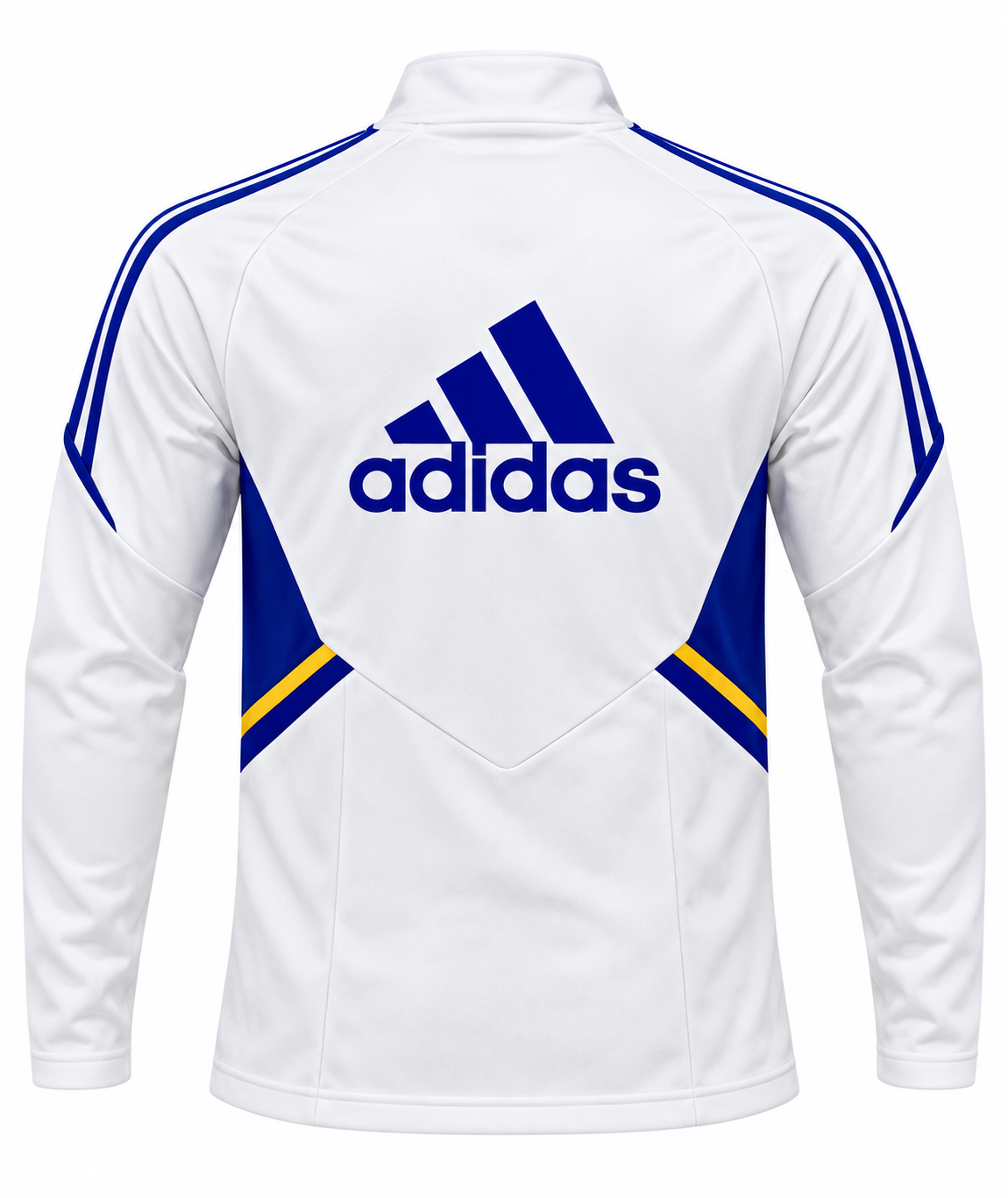 Costas da blusa de treino branca do Boca Juniors com o logo grande da Adidas em azul