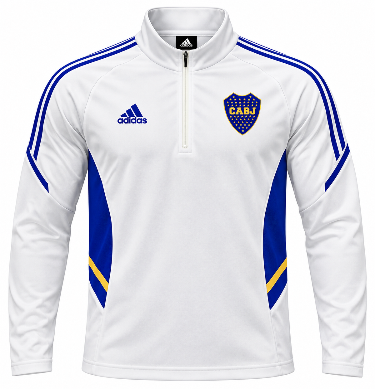 Blusa de treino branca do Boca Juniors com meio zíper e painéis azuis nas laterais