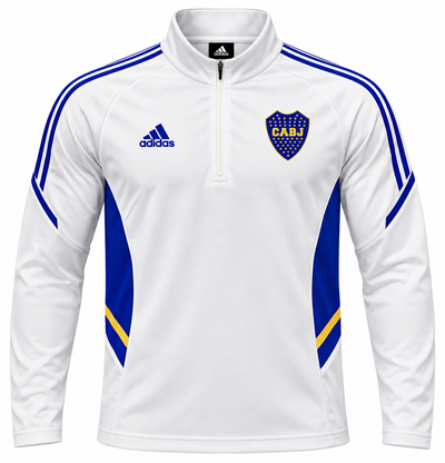 Buzo de entrenamiento blanco de Boca Juniors con medio cierre y paneles azules a los lados