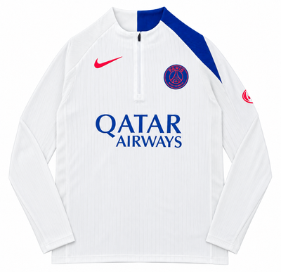 PSG training sweatshirt in white with a blue shoulder and a half zip