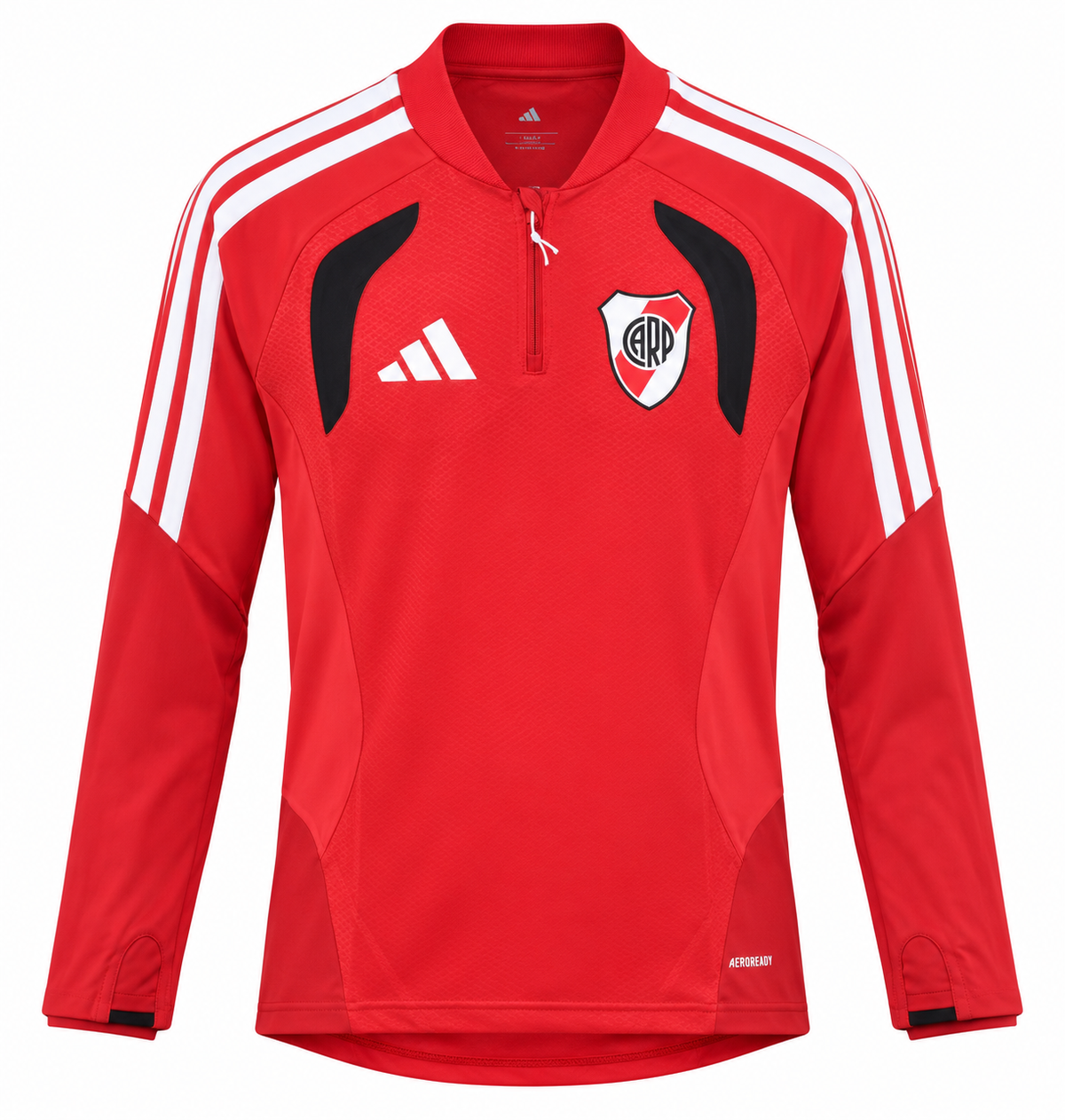 Buzo de entrenamiento de River Plate rojo con franjas blancas, paneles negros y medio cierre
