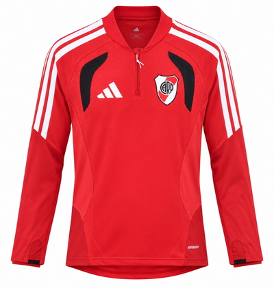 Buzo de entrenamiento de River Plate rojo con franjas blancas, paneles negros y medio cierre