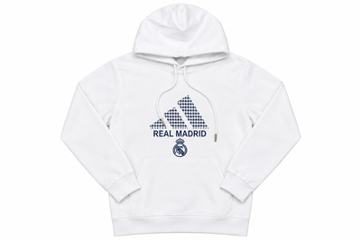 Hoodie blanco del Real Madrid con el logo de Adidas en pata de gallo, REAL MADRID y el escudo al pecho