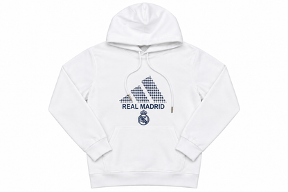 Hoodie blanco del Real Madrid con el logo de Adidas en pata de gallo, REAL MADRID y el escudo al pecho