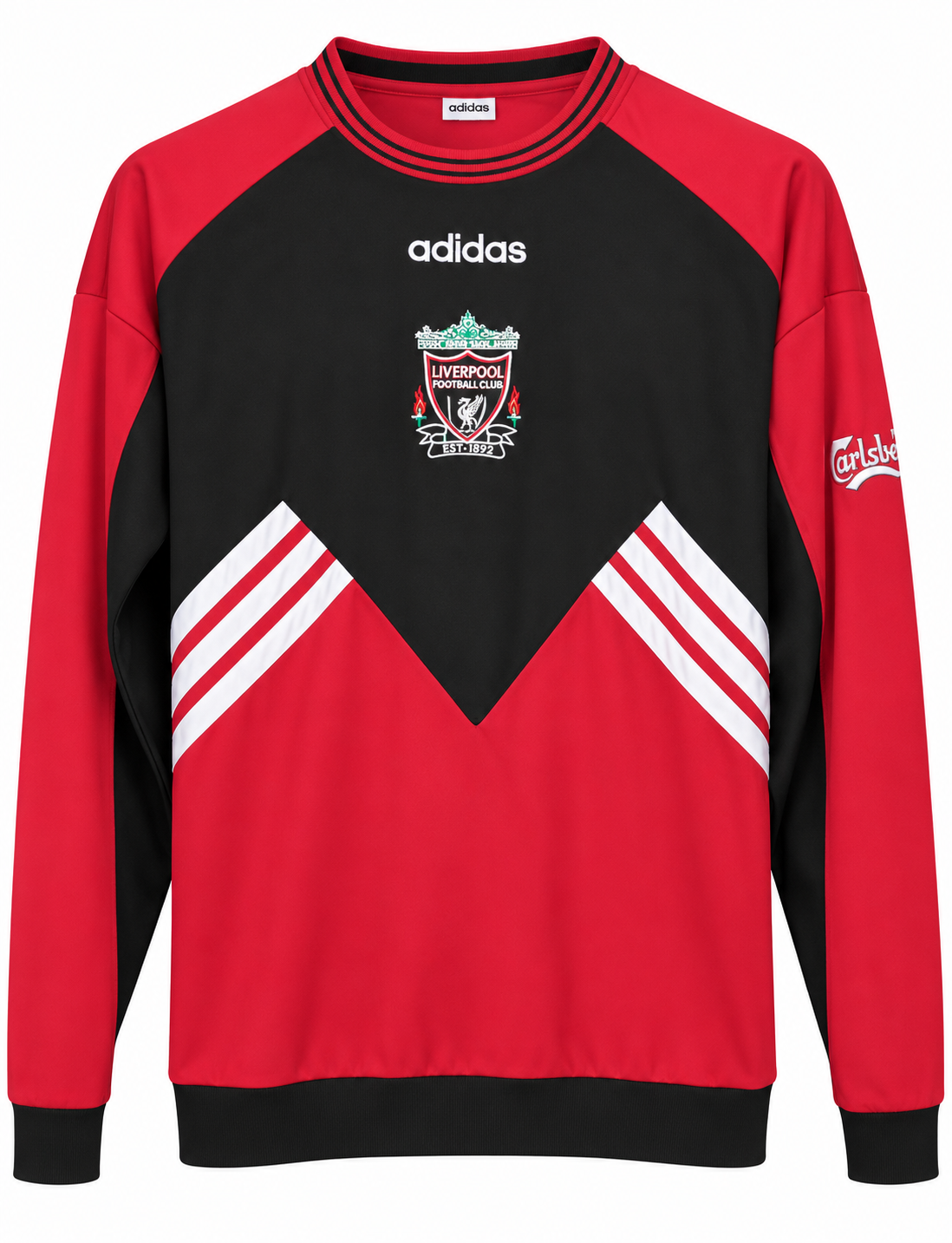 Liverpool retro sweatshirt in red and black with the three white stripes across the chest