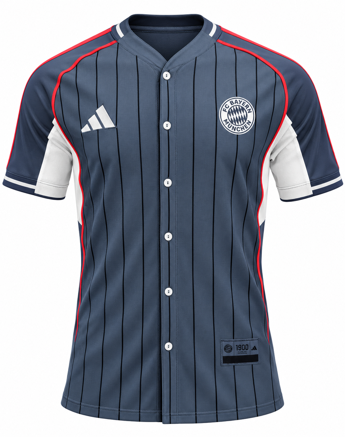 Camisa beisbolera del Bayern Múnich azul con rayas finas, botones blancos y vivos rojos