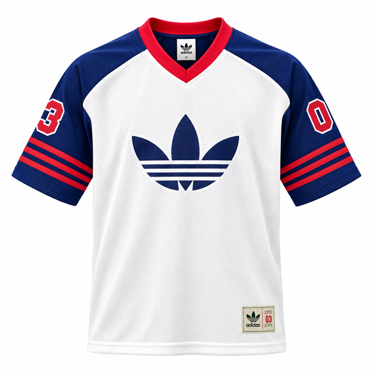 Camiseta branca da Adidas Originals com trevo azul-marinho, mangas azuis com listras vermelhas e o 03