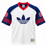 Camiseta branca da Adidas Originals com trevo azul-marinho, mangas azuis com listras vermelhas e o 03