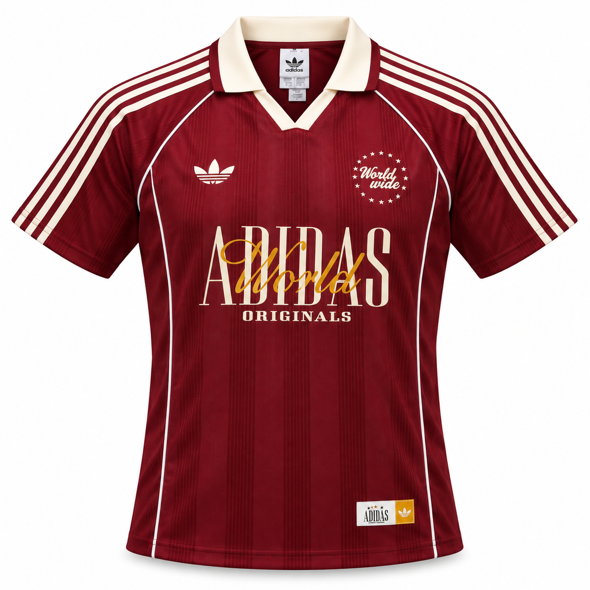 Camiseta Adidas World Wide vinotinto con cuello polo, el trébol y ADIDAS en letras grandes al pecho