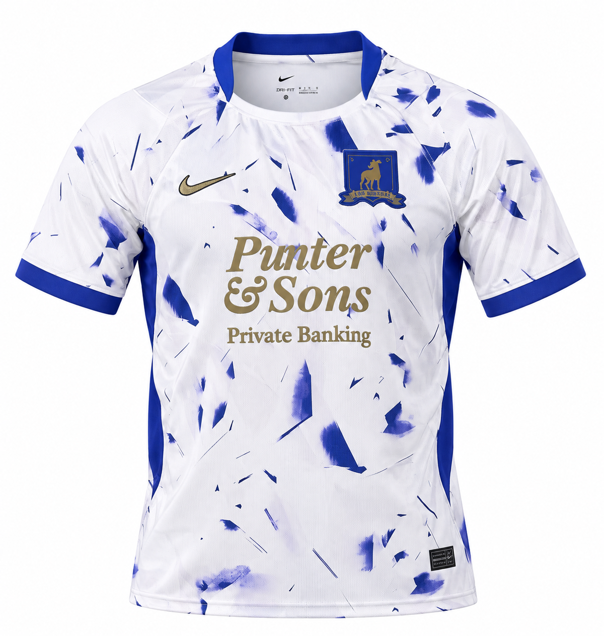 Camiseta AFC Richmond blanca con trazos azules y Punter & Sons en dorado al pecho