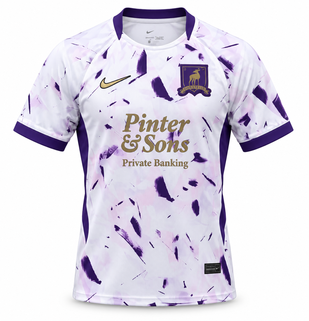 Camiseta del AFC Richmond blanca con pinceladas moradas, el escudo del galgo y Pinter & Sons en dorado al pecho