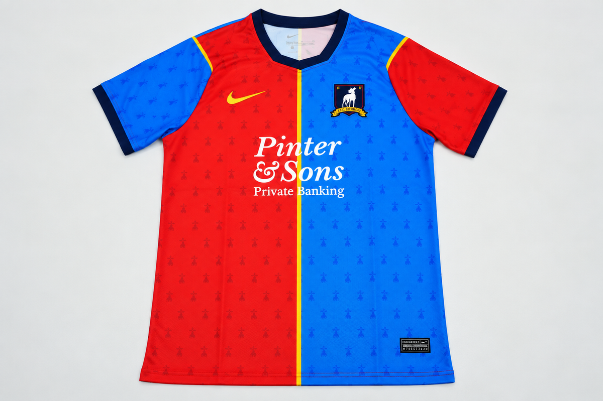 AFC Richmond jersey split in red and blue with a yellow stripe down the centre, the greyhound crest and the Pinter & Sons sponsor