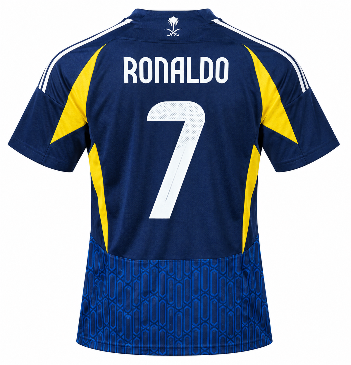 Espalda de la camiseta azul marino del Al Nassr con RONALDO y el 7 en blanco