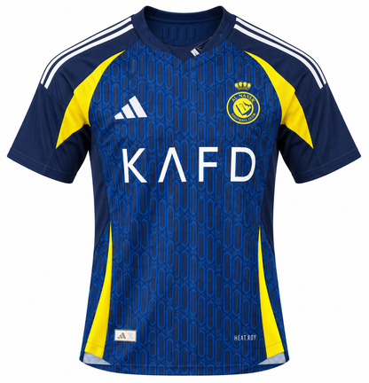 Camiseta del Al Nassr azul marino de Adidas con paneles amarillos y KAFD al pecho