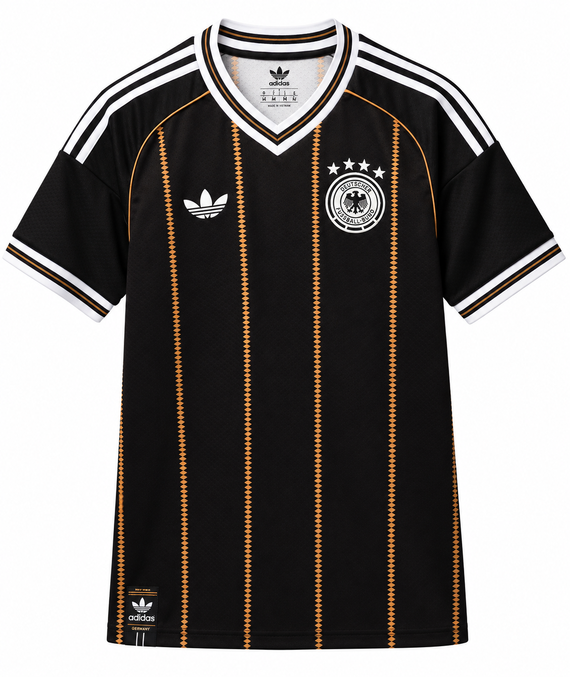 Frente de la camiseta negra de Alemania tercera 2026 de despedida, con rayas de rombos dorados, trébol de Adidas y escudo de cuatro estrellas