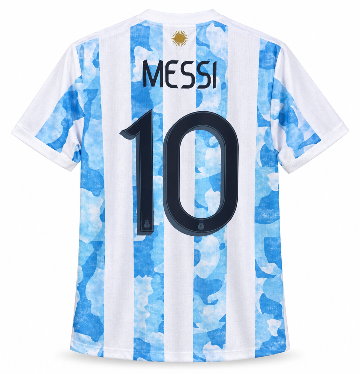 Costas da camisa da Argentina 2021 com MESSI e o 10 sobre as listras com manchas celestes