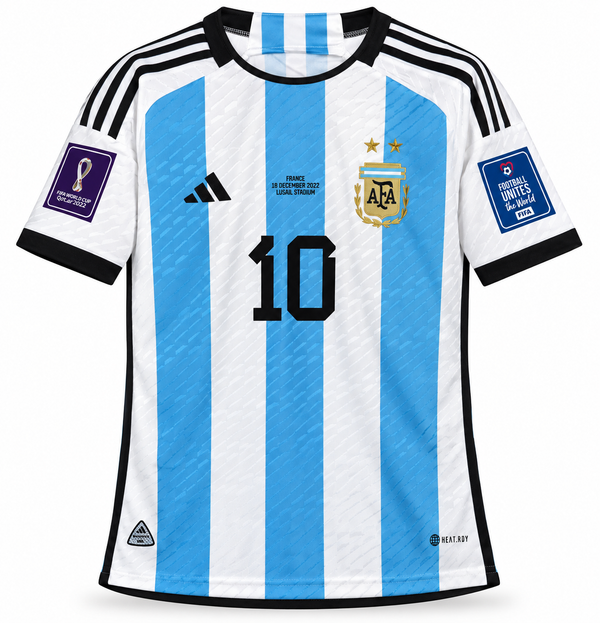 Front of the Argentina 2022 jersey with the 10 and the inscription of the final against France in Lusail