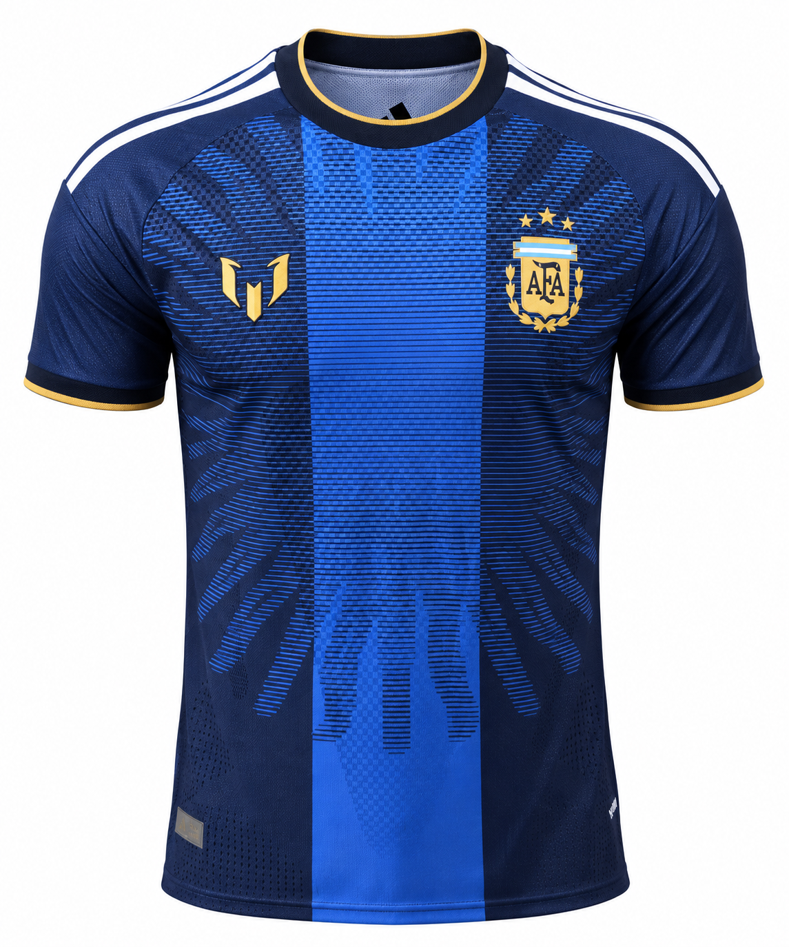 Frente de la camiseta azul oscuro de Argentina edición despedida de Messi, con franja central azul rey, logo de Messi y escudo dorado