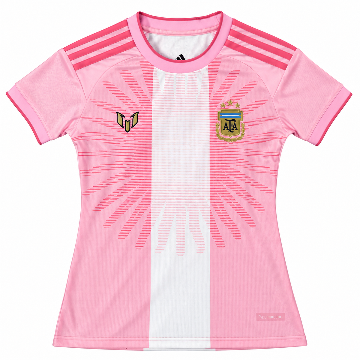 Frente de la camiseta rosada de Argentina edición despedida de Messi, con franja central blanca, logo de Messi y escudo dorado