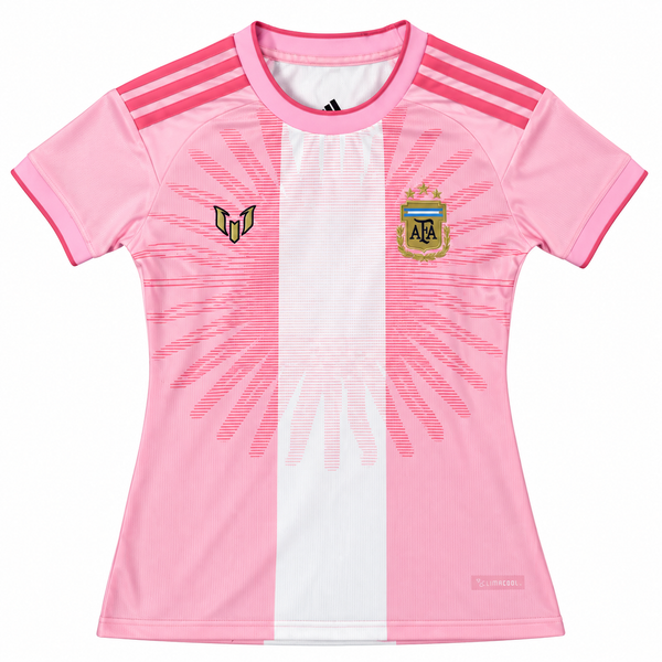 Front of the pink Argentina Messi farewell edition jersey, with a white centre stripe, Messi's logo and a gold crest