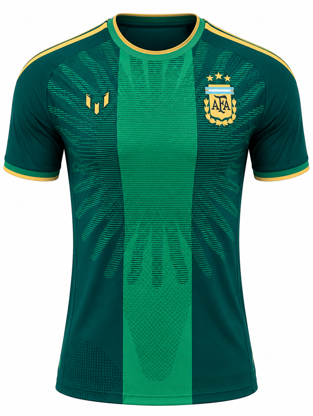 Frente de la camiseta verde de Argentina edición despedida de Messi, con el escudo de la AFA y el logo de Messi en dorado