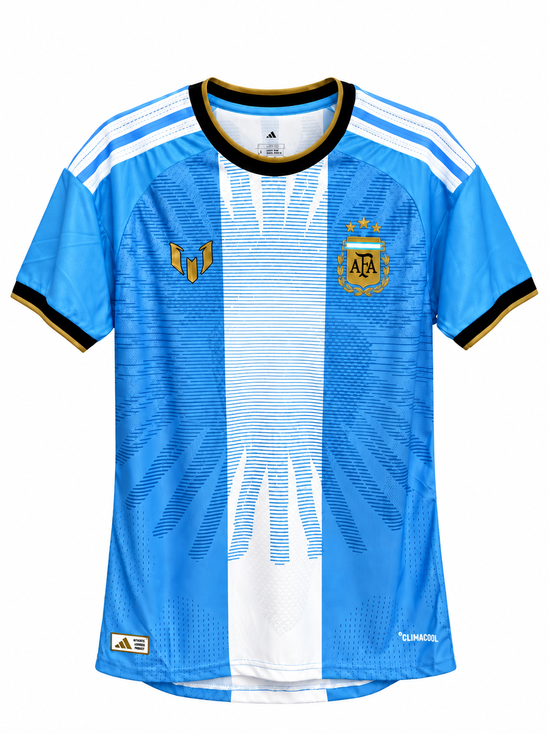 Front of the sky blue and white Argentina Messi farewell edition jersey, with the AFA crest and Messi's logo in gold