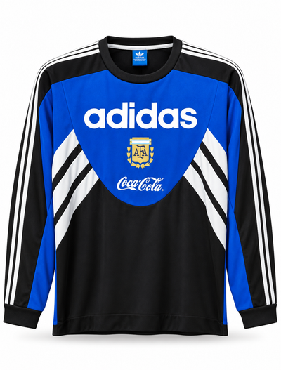 Camisa retrô da Seleção Argentina preta de manga longa, com peito azul royal e listras brancas