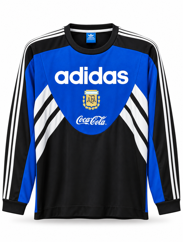 Black long sleeve Argentina national team retro jersey with a royal blue chest and white stripes