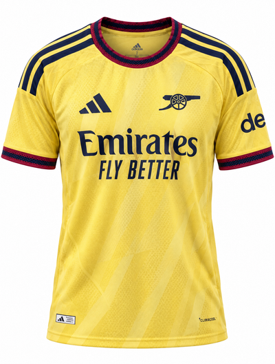 Camisa amarela do Arsenal da Adidas com listras azul-marinho nos ombros e gola grená