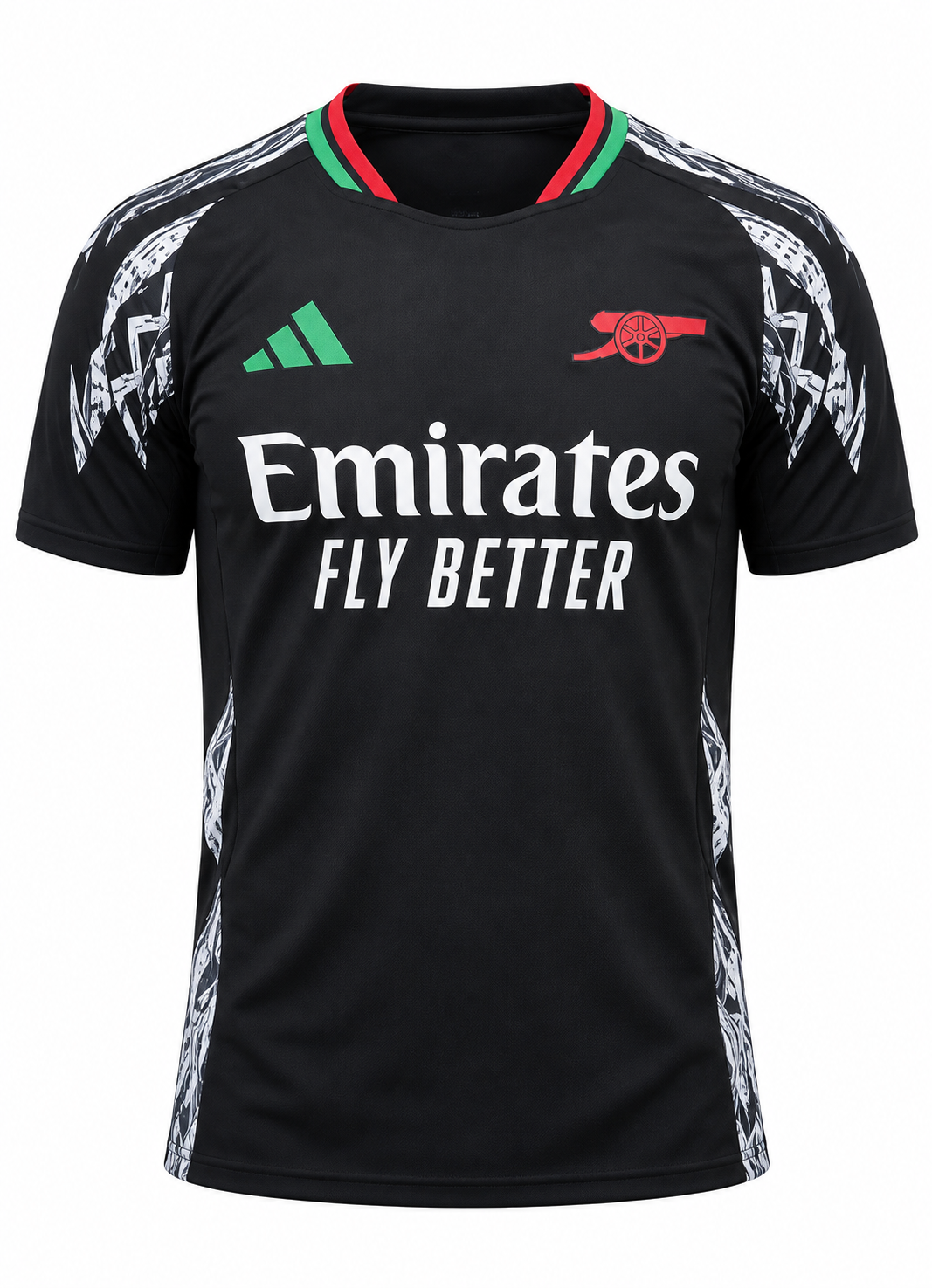 Camiseta del Arsenal visitante 2024-25 negra con cuello rojo y verde y zigzags a los costados, foto de estudio