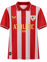 Front of the Athletic Club jersey with red and light pink stripes, a red polo collar and the Athletic 1898 lettering in gold on the chest