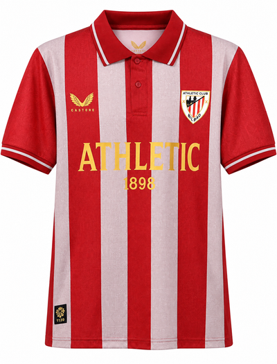 Frente de la camiseta del Athletic Club con rayas rojas y rosa claro, cuello polo rojo y la leyenda Athletic 1898 en dorado al pecho