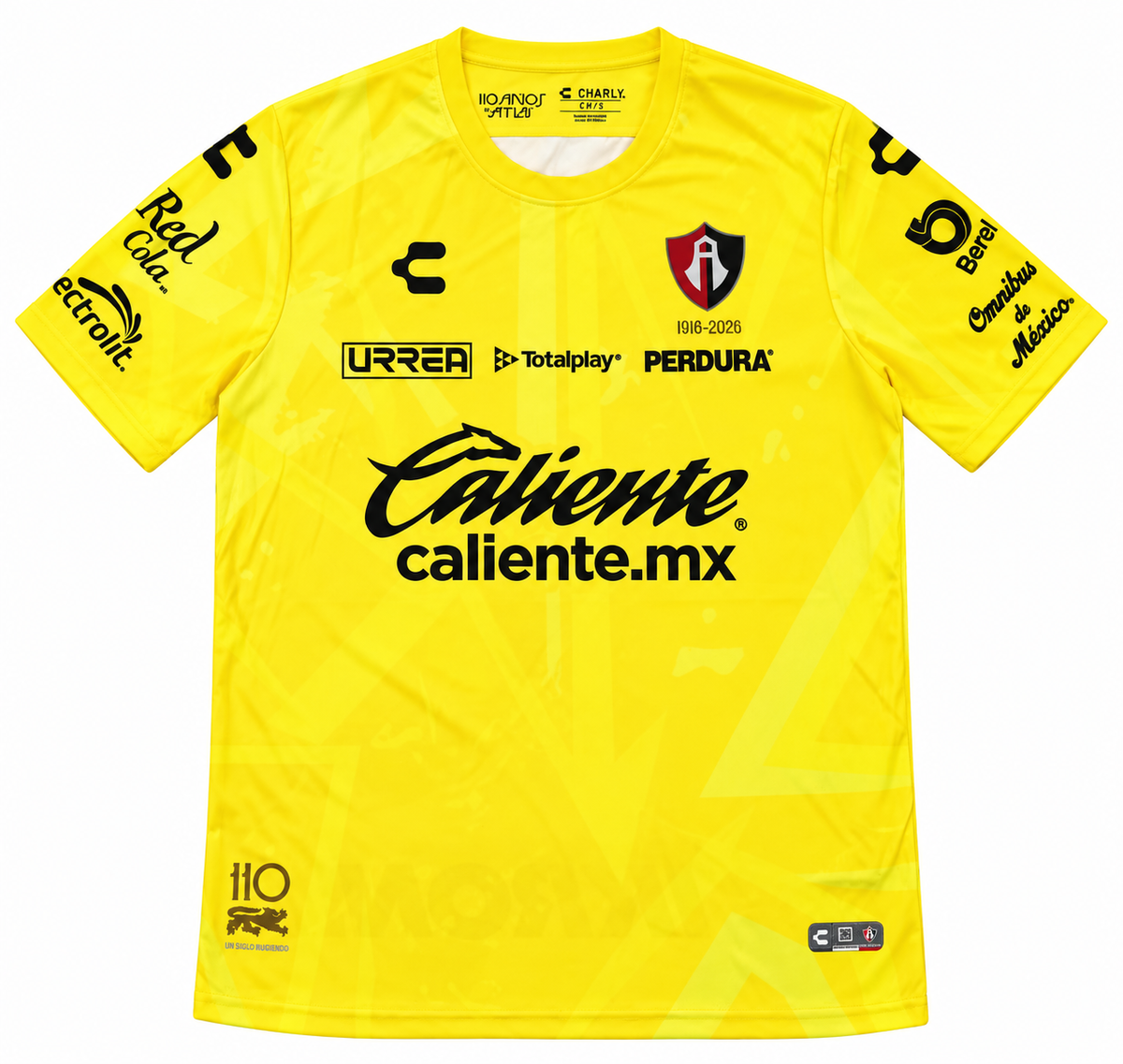 Camiseta amarilla del Atlas FC con el escudo rojinegro, el sello de los 110 años 1916-2026 y el patrocinador en negro