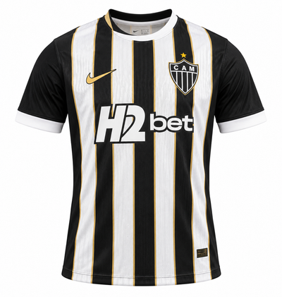 Camisa titular do Atlético Mineiro 2026 listrada de preto e branco com fios dourados