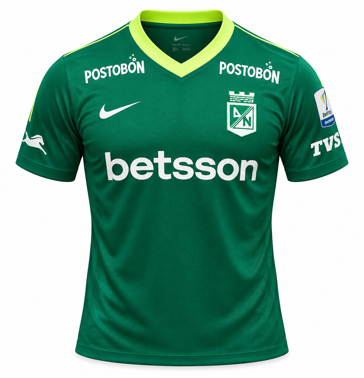 Camisa verde-escura do Atlético Nacional com gola em V verde neon, betsson e Postobón em branco e Nike no peito