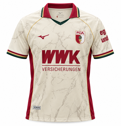 Camiseta Augsburg Local 2026-2027 de frente, blanca jaspeada con rojo y verde