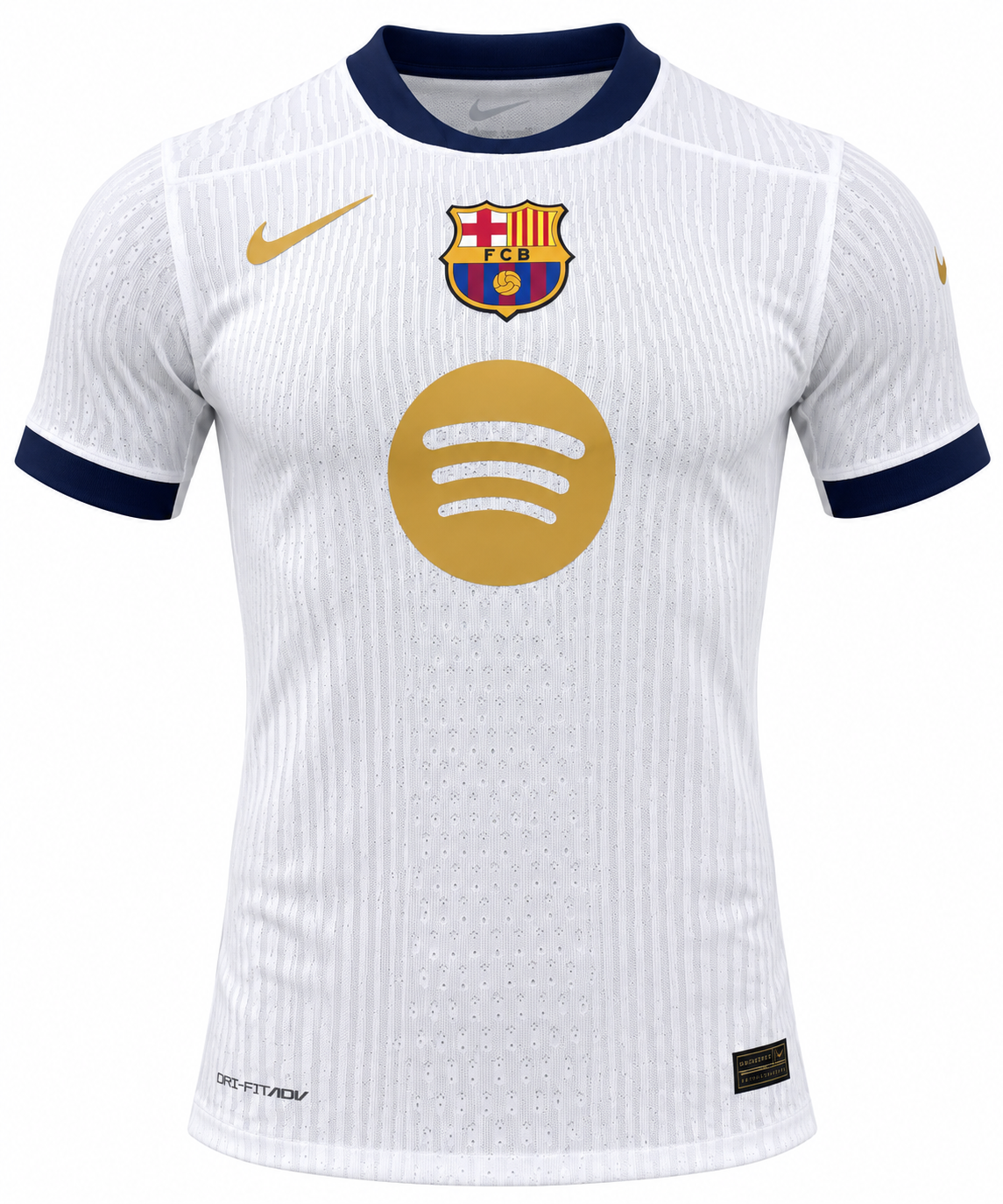 White Barcelona Nike jersey with a gold Spotify logo on the chest and navy collar