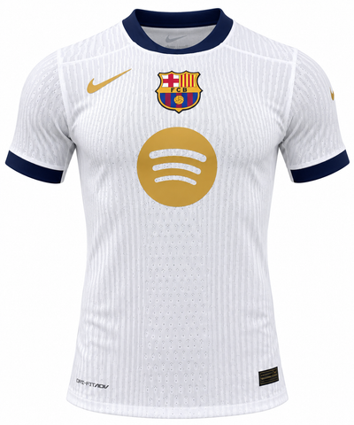Camisa branca do Barcelona da Nike com Spotify dourado no peito e gola azul-marinho