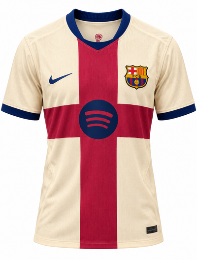 Camisa quarta do Barcelona 2026-27 creme com a cruz vermelha de São Jorge e gola azul-marinho