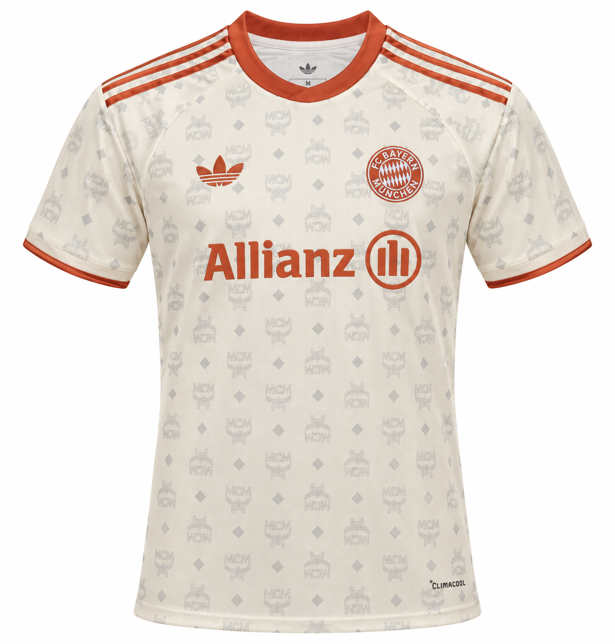 Cream Bayern Munich Adidas Originals jersey with orange trim and Allianz on the chest