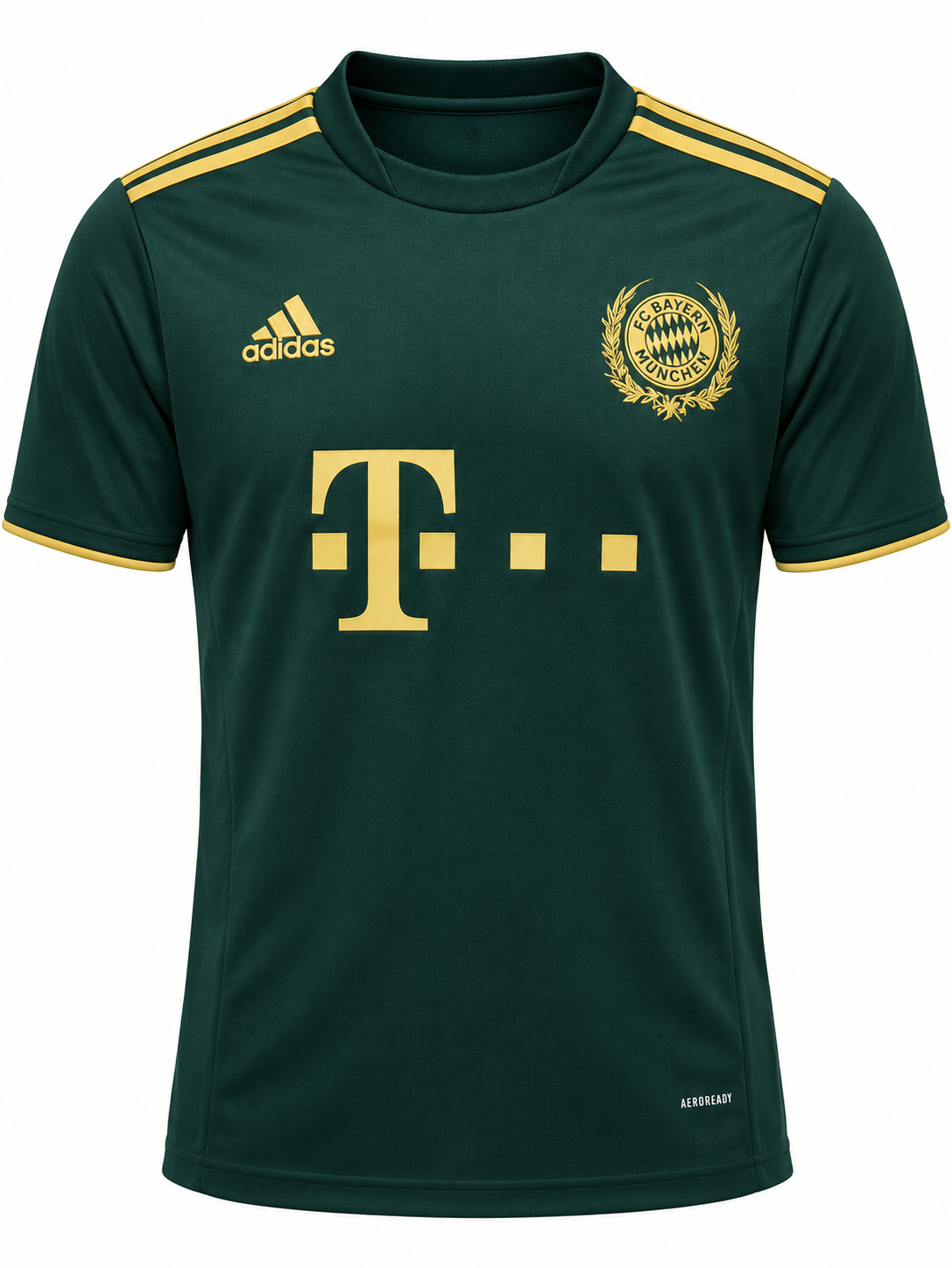 Frente de la camiseta Oktoberfest 2021-22 del Bayern Múnich, verde oscuro con detalles dorados y el escudo rodeado de laurel