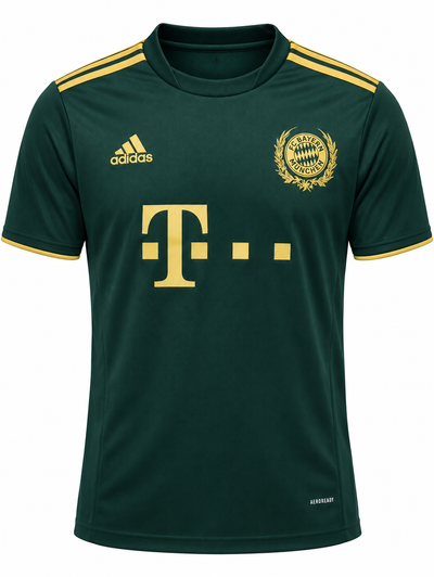 Frente de la camiseta Oktoberfest 2021-22 del Bayern Múnich, verde oscuro con detalles dorados y el escudo rodeado de laurel